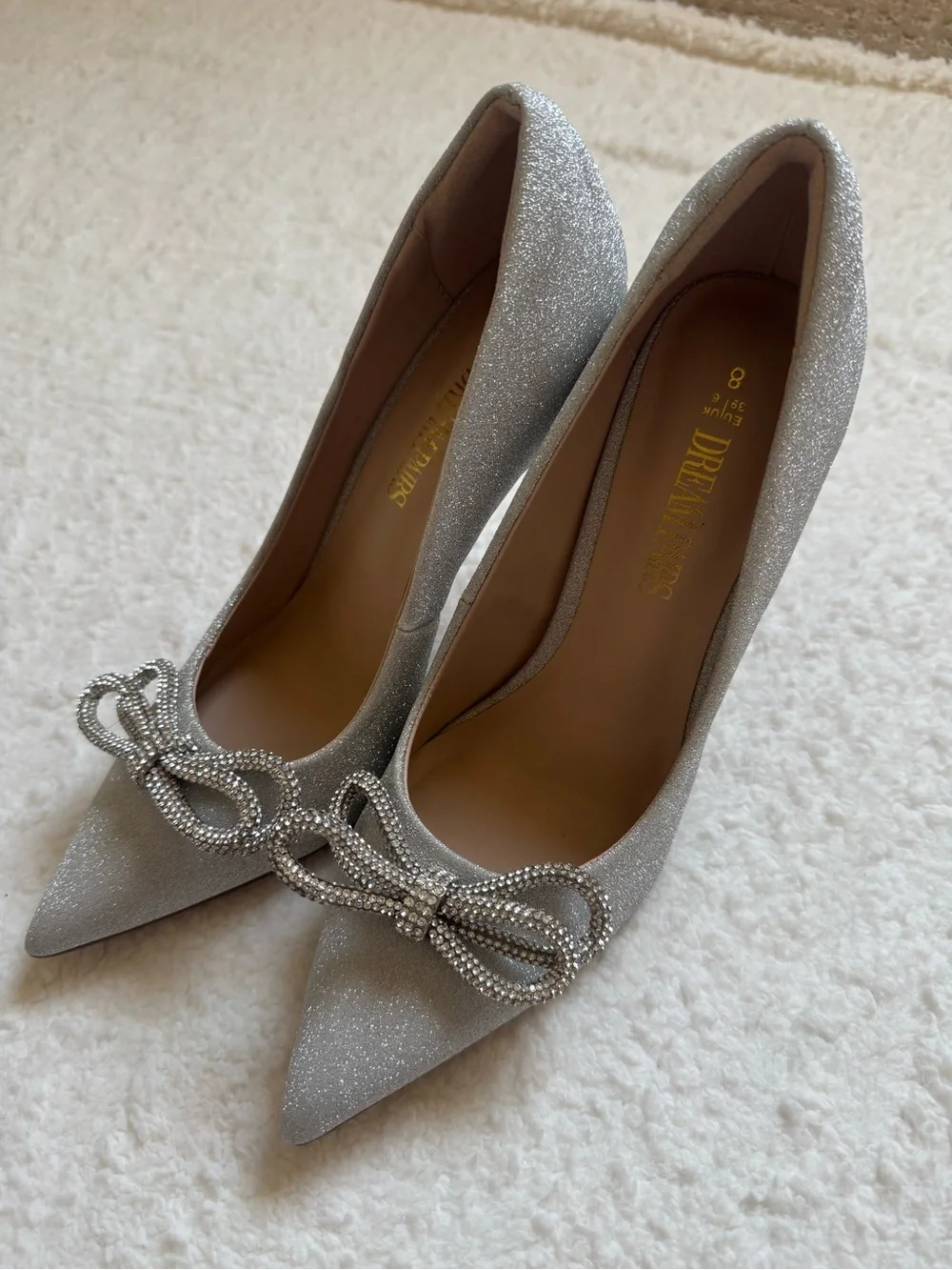 Dream Pairs Silver Glitter Rhinestone Bow Pointed Toe Stiletto Heels 8